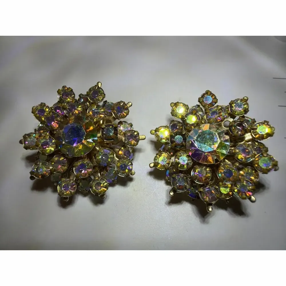 Vintage AB Rhinestone Clip On Earrings Aurora Borealis Starburst Gold Tone Round